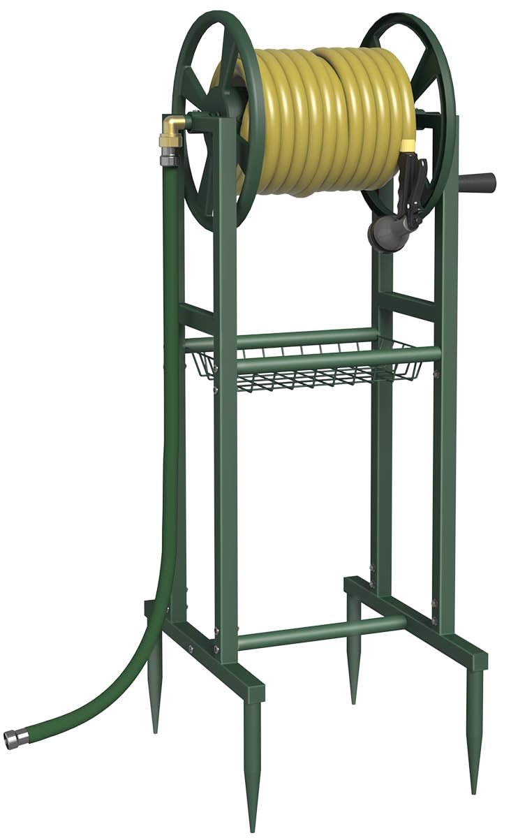 Ground Mount Garden Hose Reel Holds 125 Feet with Storage Rack K106