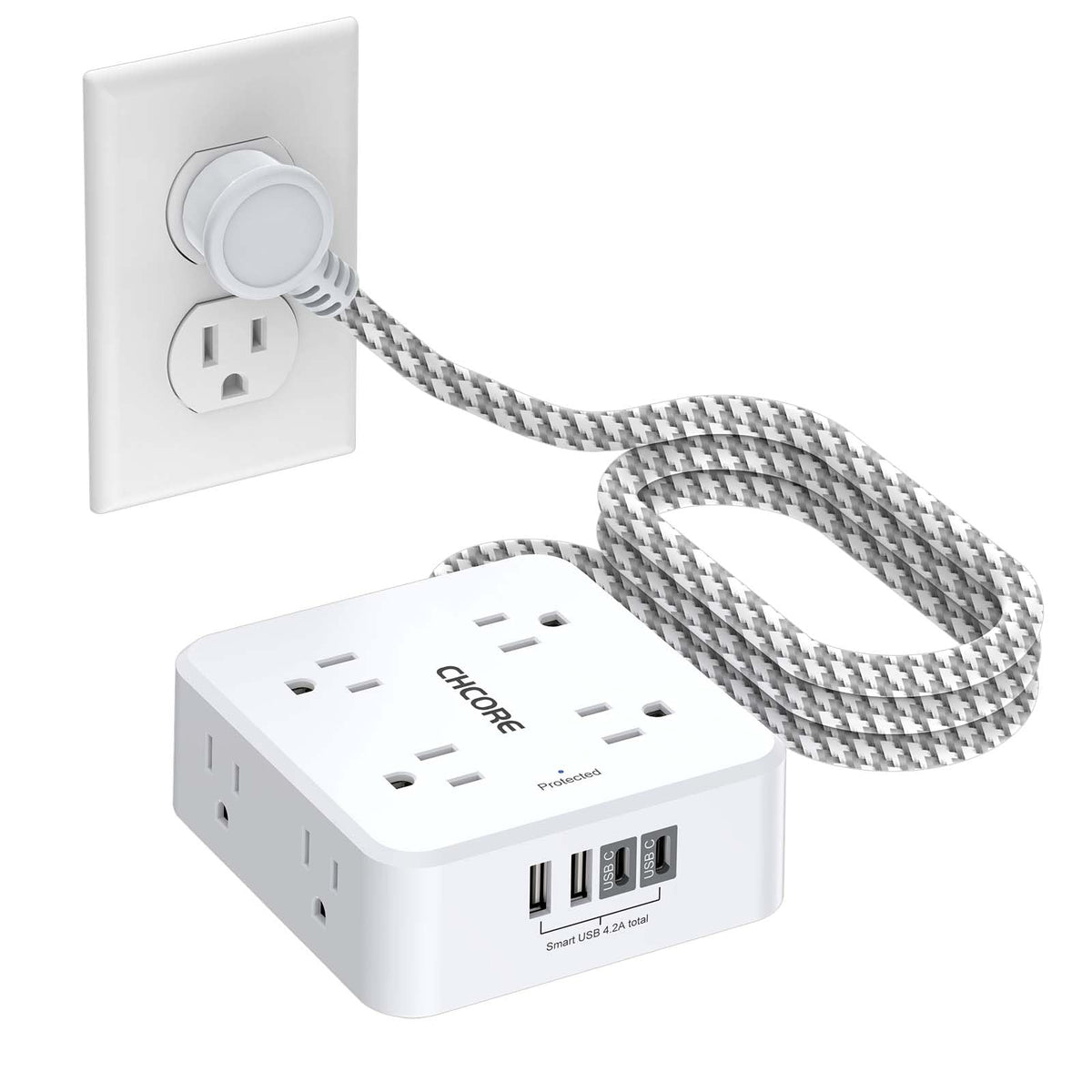 5Ft Braided Extension Cord Power Strip with 8 Outlets and 4 USB Ports, White F5501