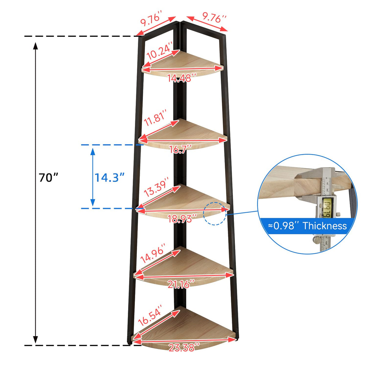70 inch Solid Wood 5 Tier Corner Bookshelf C8147