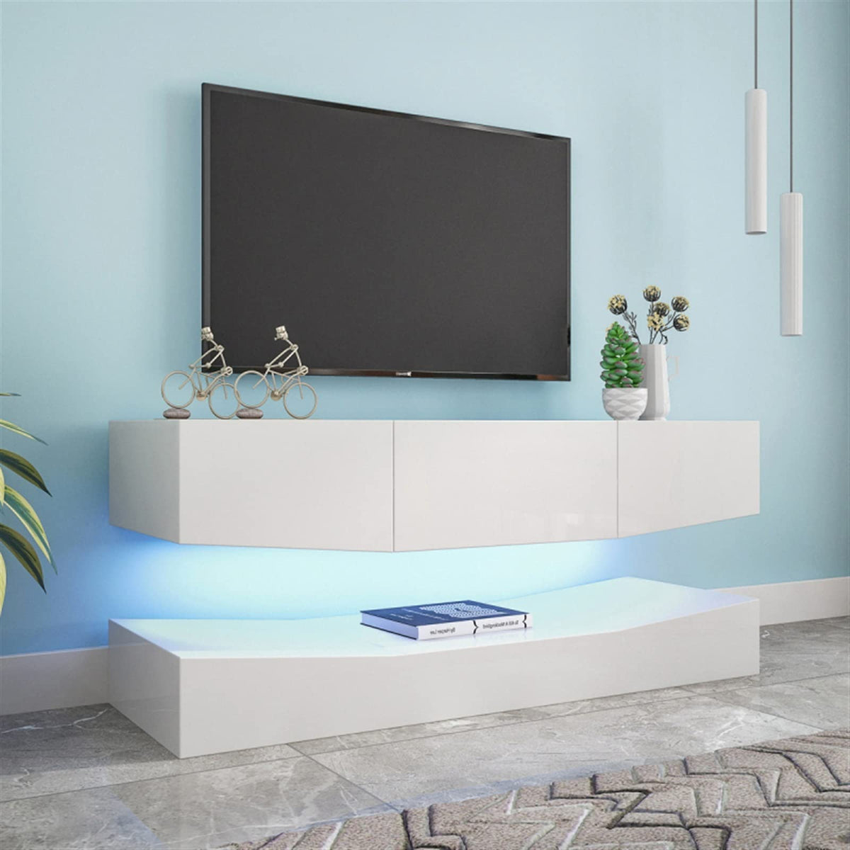White Floating TV Stand with 3 Drawers and Open Shelves M35991