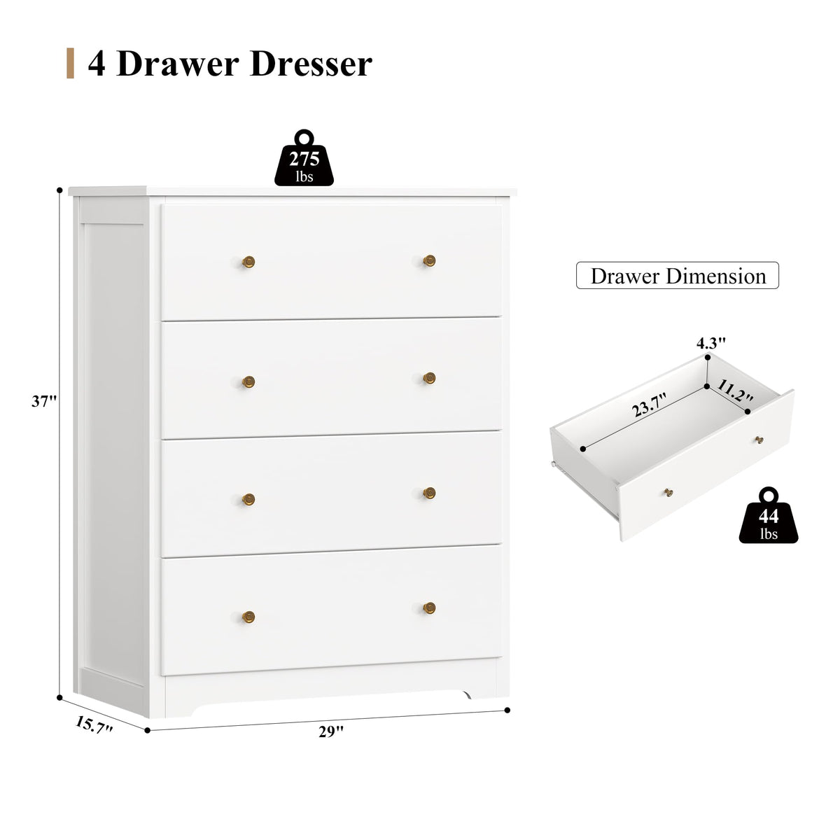 White 4 Drawer Wood Dresser F40073