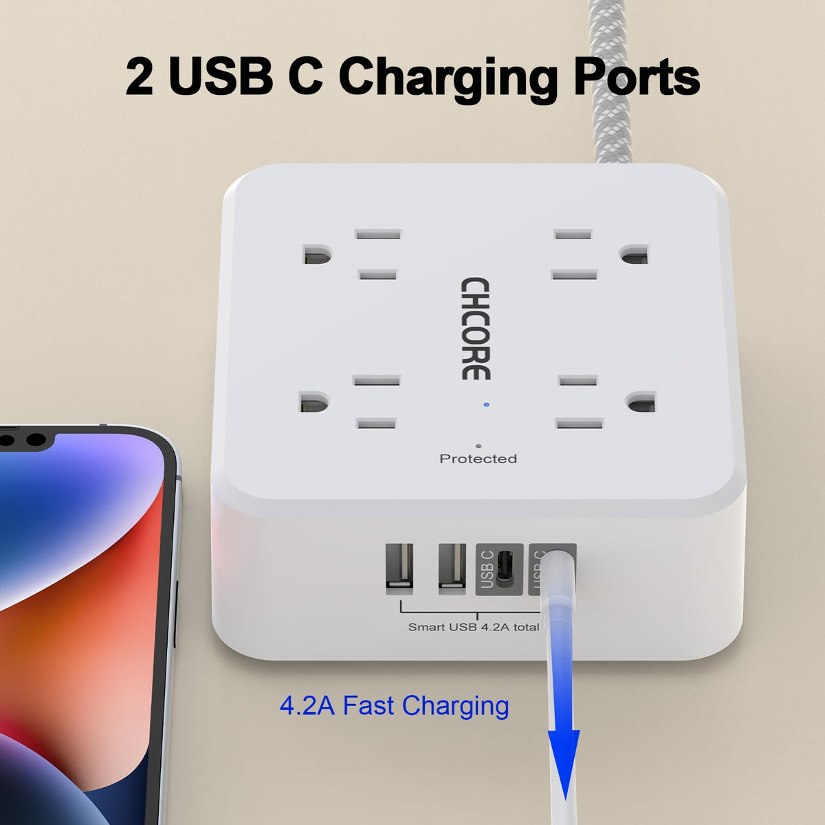 5Ft Braided Extension Cord Power Strip with 8 Outlets and 4 USB Ports, White F5501