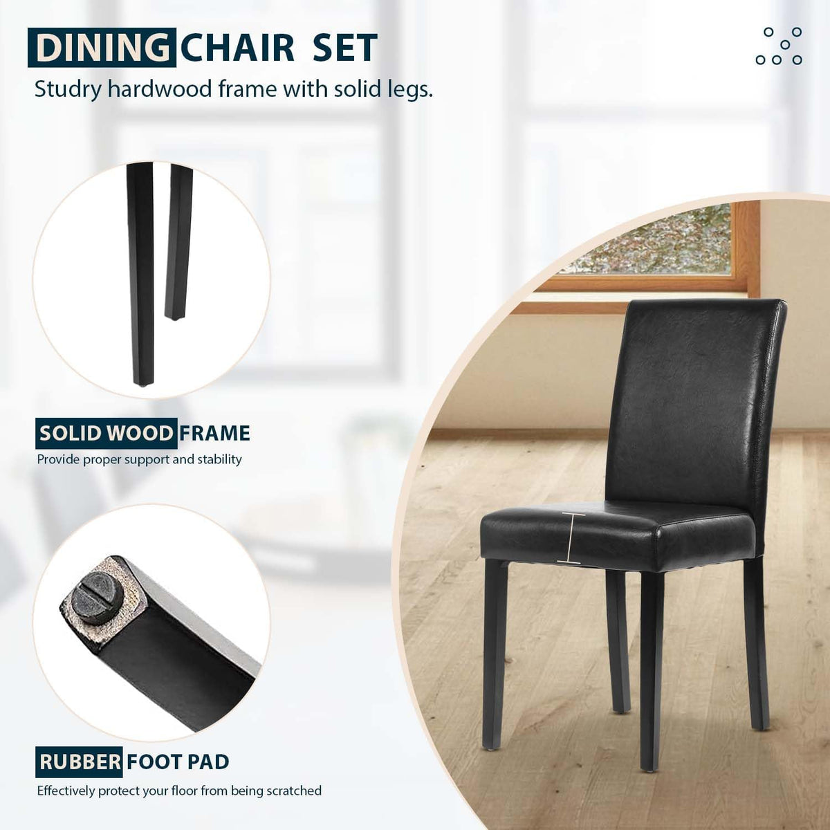 Black Set of 4 PU Leather Upholstered Dining Chairs with Solid Wood Legs R138
