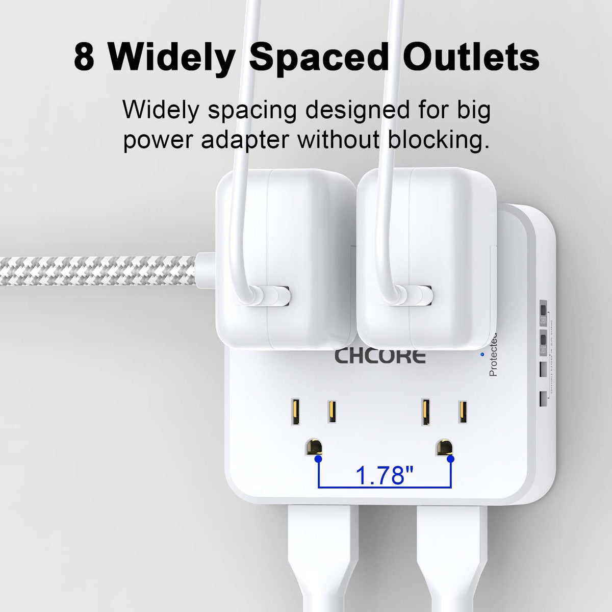 5Ft Braided Extension Cord Power Strip with 8 Outlets and 4 USB Ports, White F5501