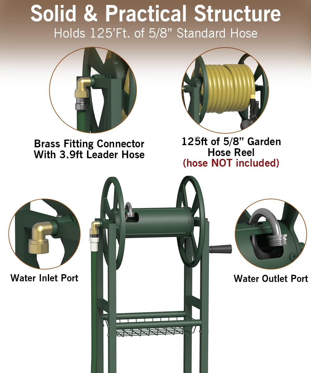 Ground Mount Garden Hose Reel Holds 125 Feet with Storage Rack K106