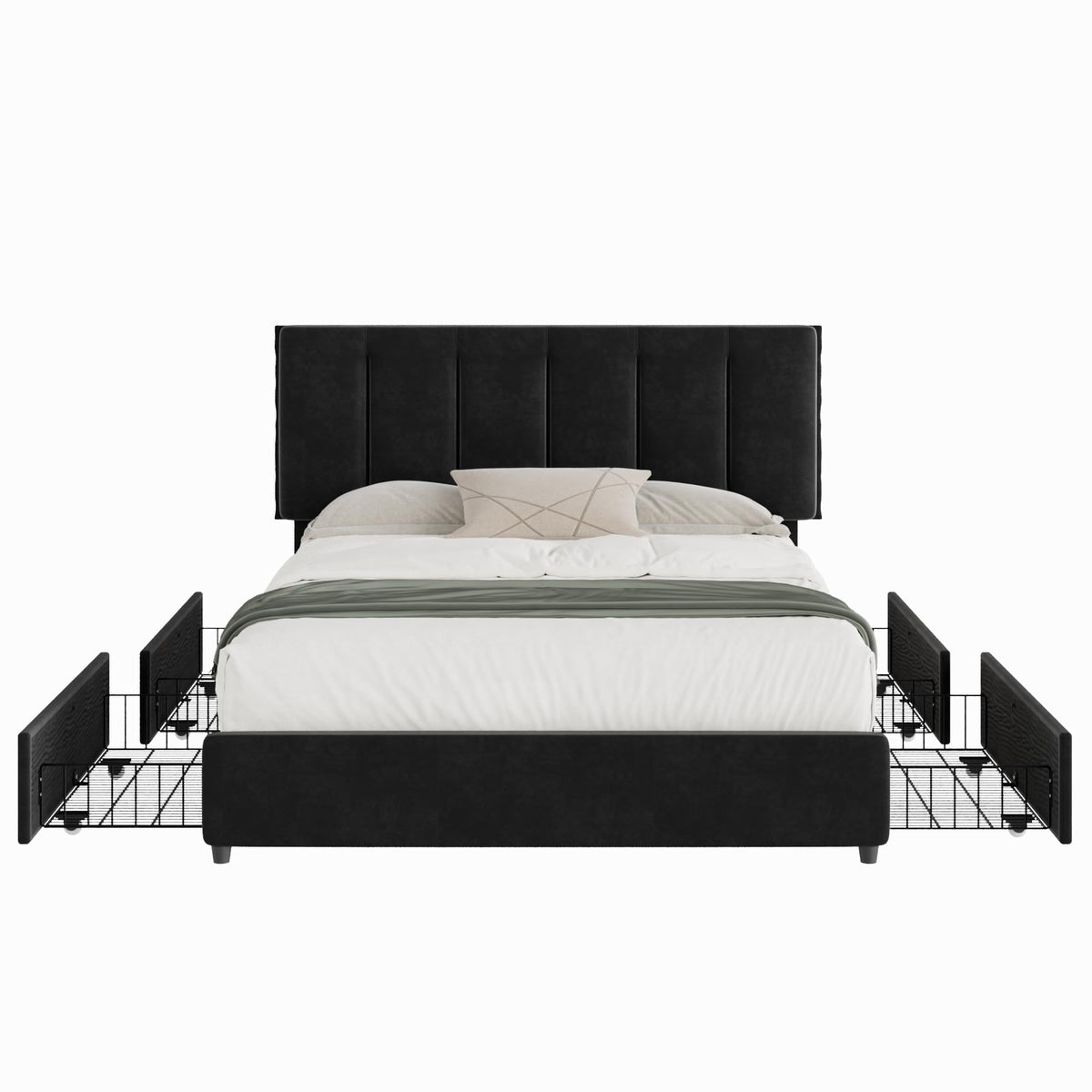 Queen Size Black Bed Frame with 4 Storage Drawers C59734