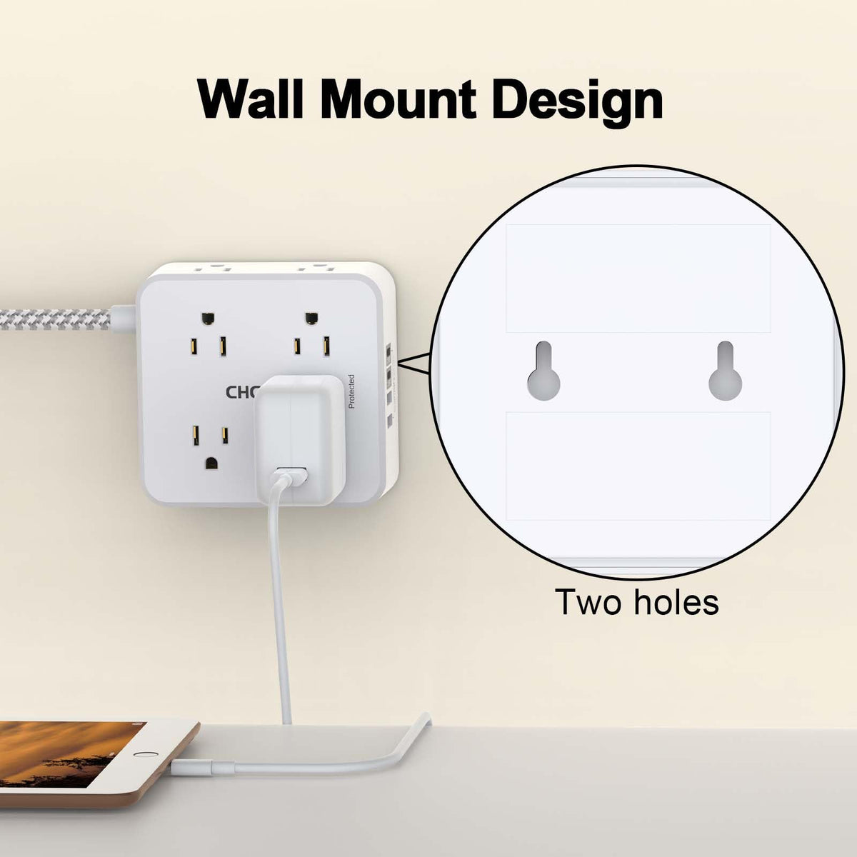 5Ft Braided Extension Cord Power Strip with 8 Outlets and 4 USB Ports, White F5501