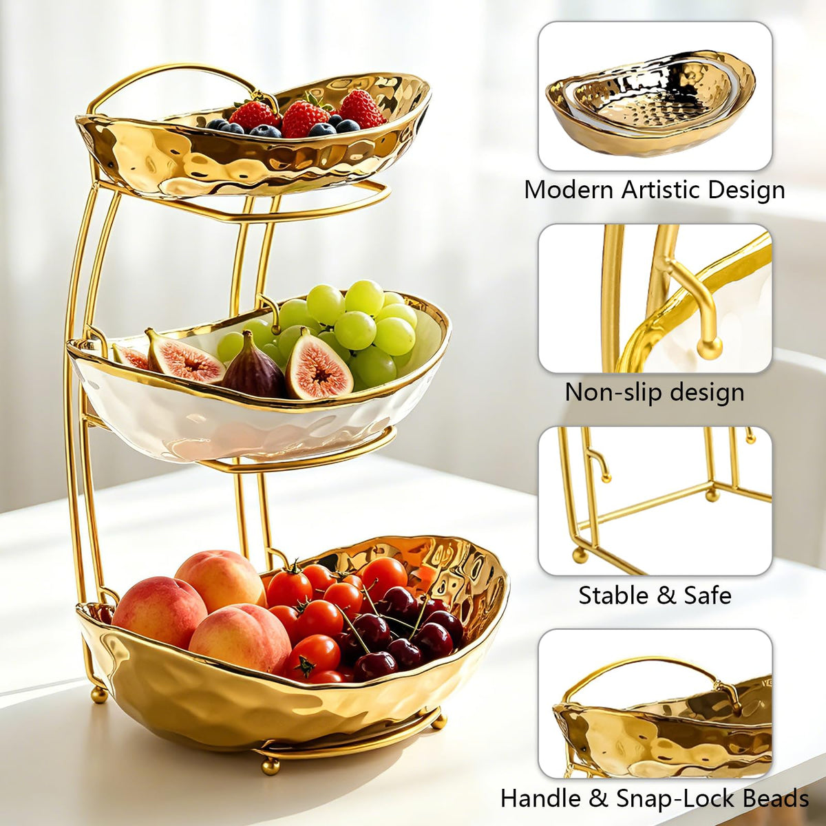 3 Tier Ceramic Fruit Bowl with Metal Stand O481