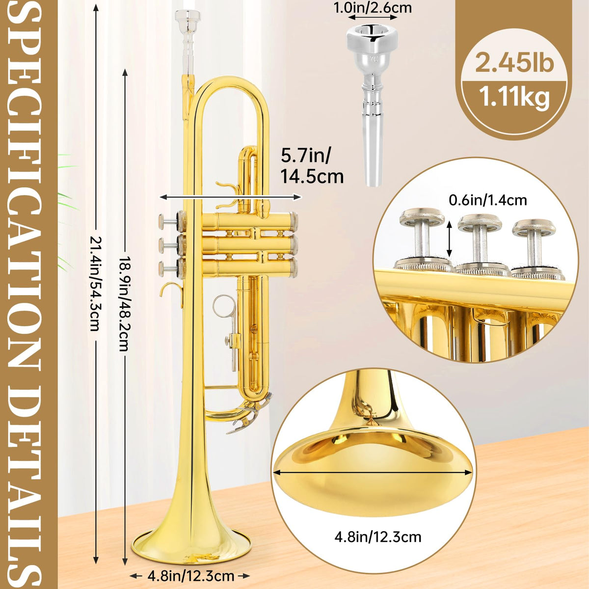 Bb Standard Brass Trumpet with Case, Mouthpiece, Mute, Cleaning Kit T734869