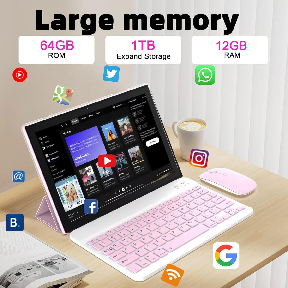 10 inch Android 15 Tablet with Keyboard Case Mouse Stylus Pink D31795