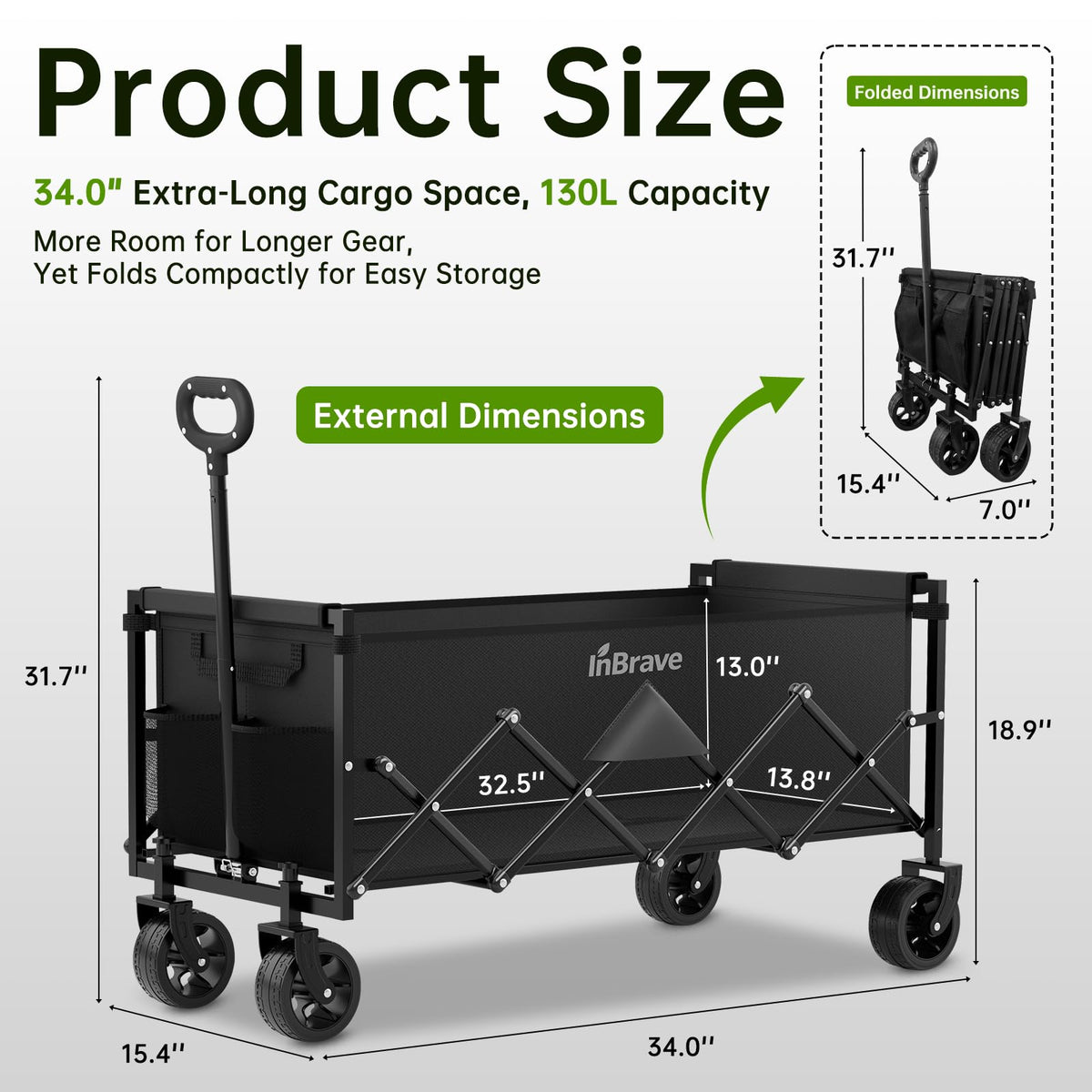 34" Extra Long Collapsible Wagon Cart, 360LBS Capacity, Black R5682