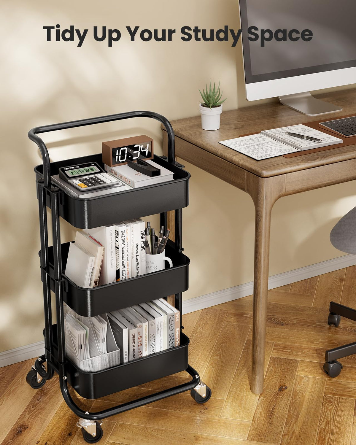 3 Tier Rolling Cart with Handle & 2 Lockable Wheels L776294