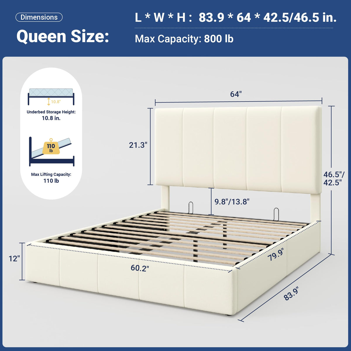 Queen Size Velvet Lift Up Storage Bed Frame H172