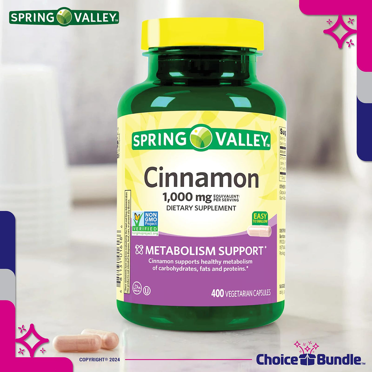 Cinnamon Supplement 1000mg 400 ct Vegetarian Capsules J2488