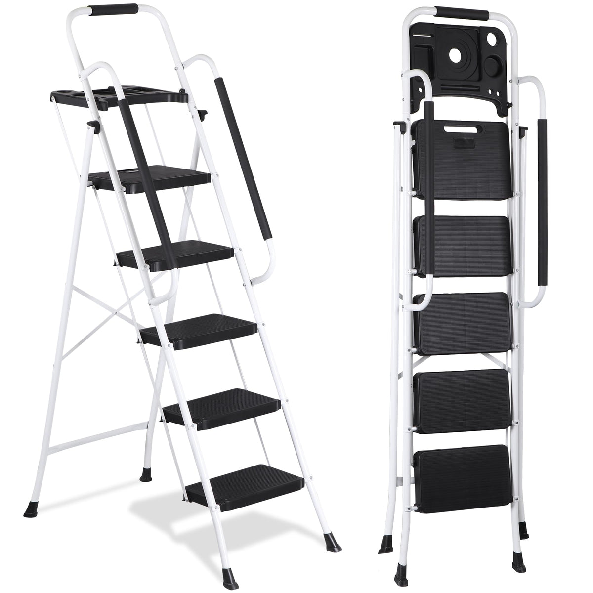 5 Step White Foldable Steel Step Stool with Handrail T636159