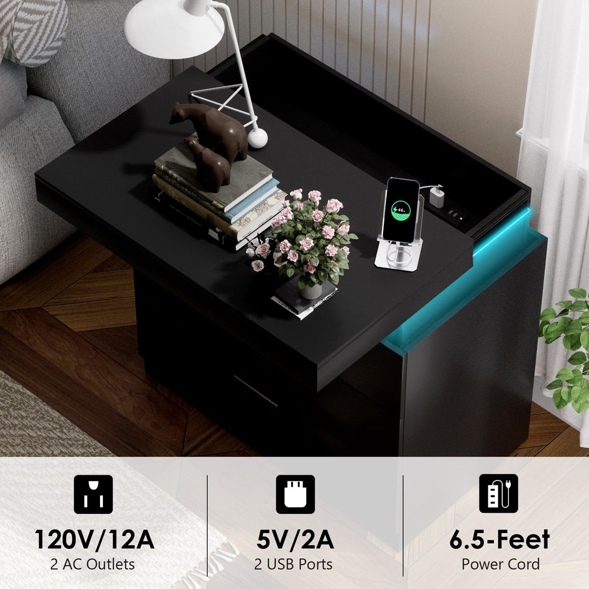 LED Smart Nightstand with Charging Station & RGB Lights Q55417