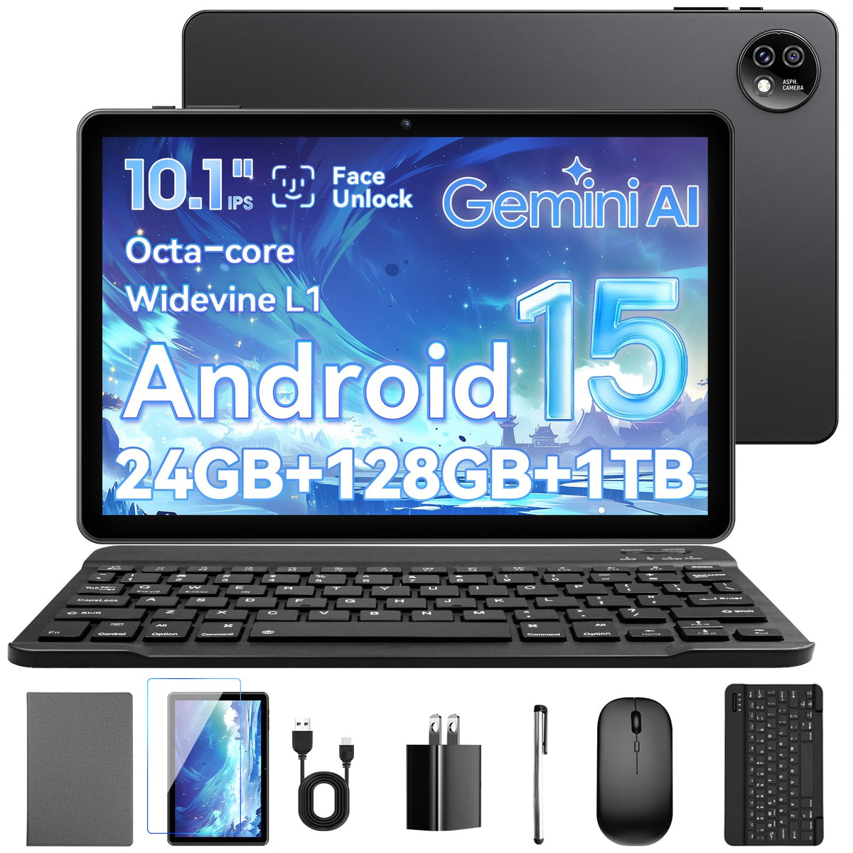 10.1 Inch Android 15 Tablet, 24GB RAM 128GB ROM, 1280 x 800 HD Display, 6000mAh Battery, 5MP+8MP Camera (Black) M914