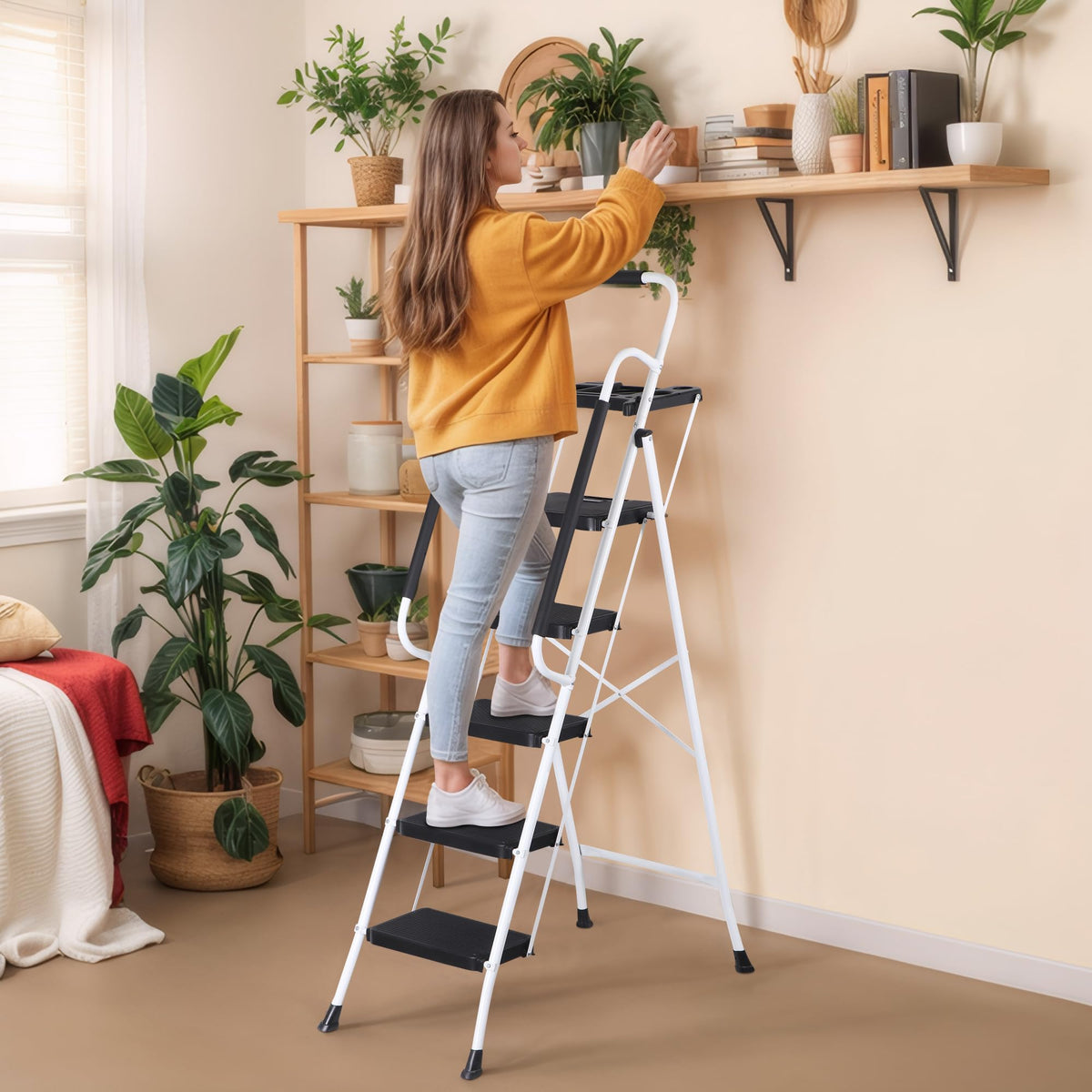 5 Step White Foldable Steel Step Stool with Handrail T636159