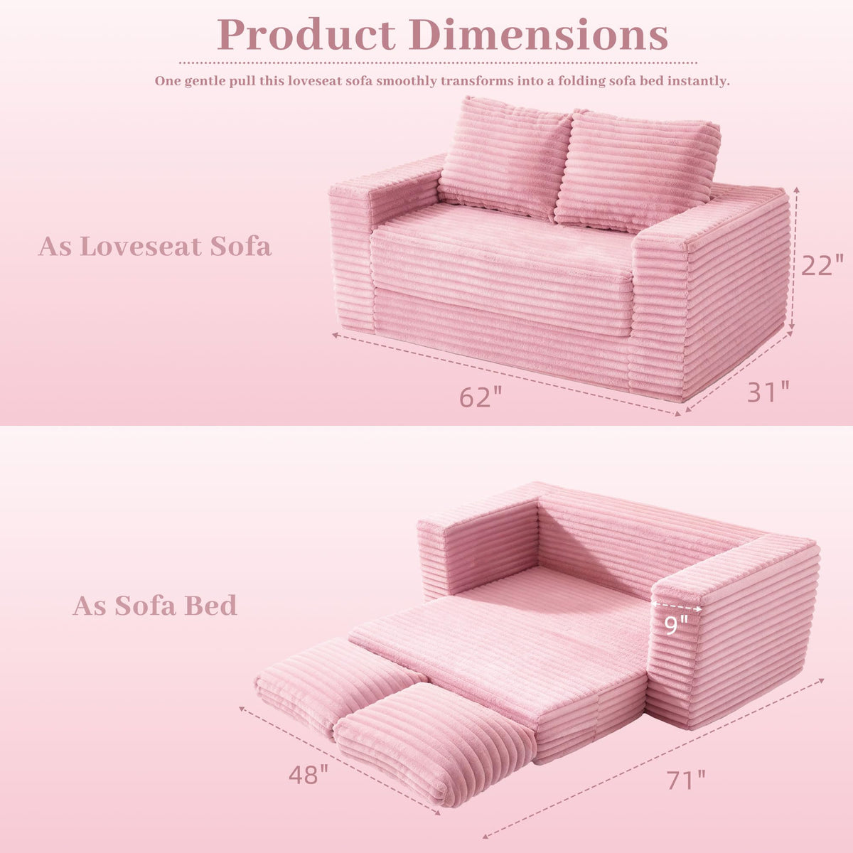 62" Pink Convertible Folding Sofa Bed Q998510
