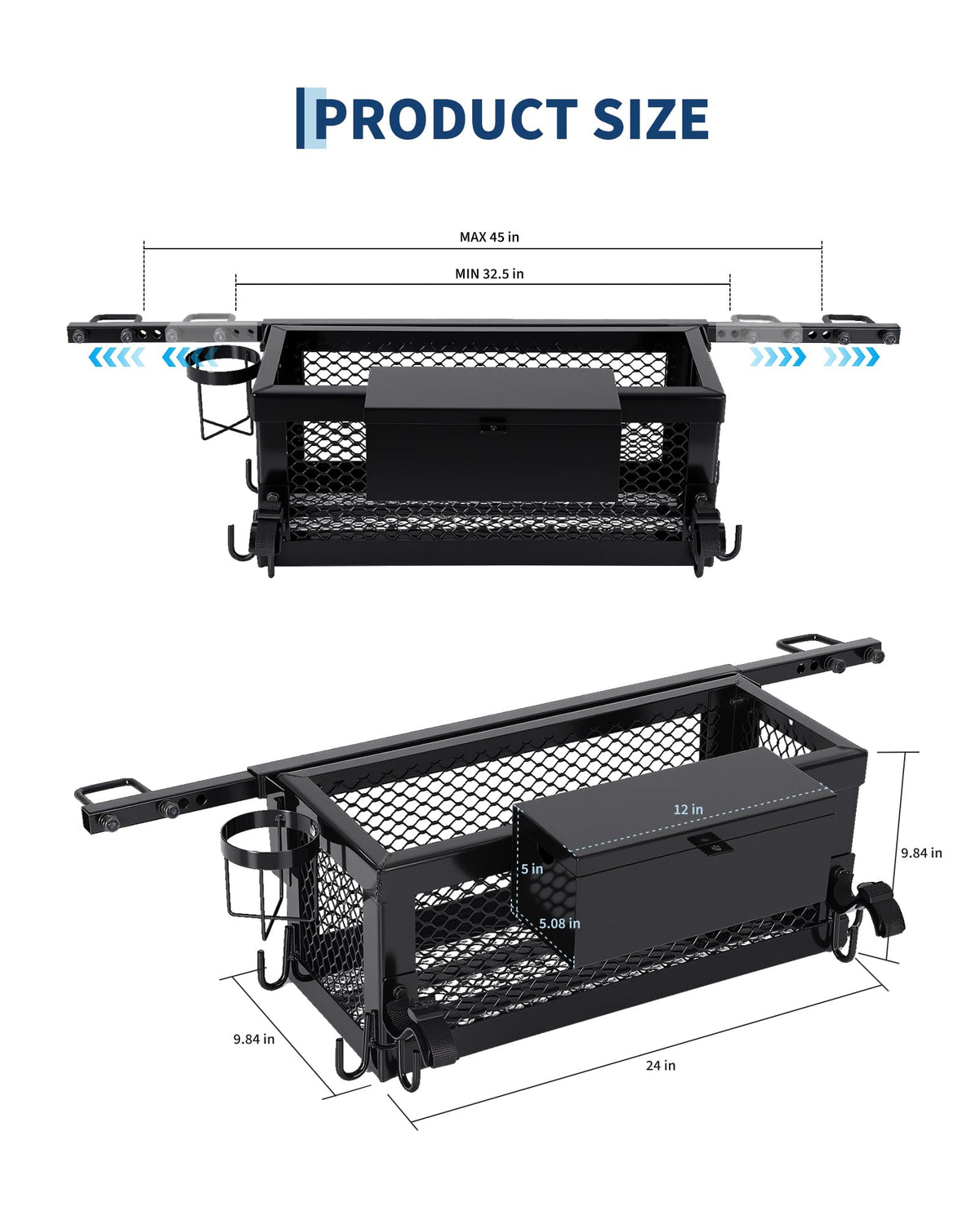 Heavy Duty Steel Tractor Tool Box Basket 24x10x10in Powder Coated Black V44674