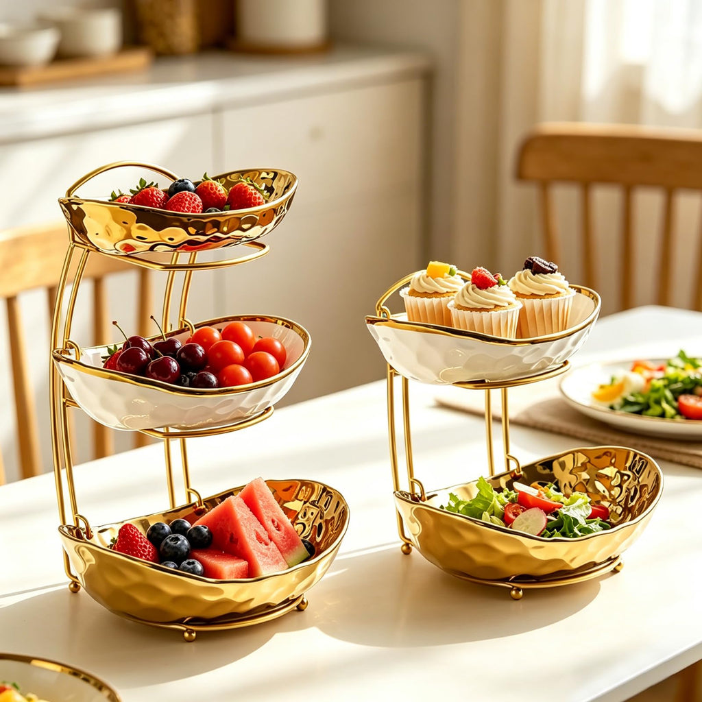 3 Tier Ceramic Fruit Bowl with Metal Stand O481