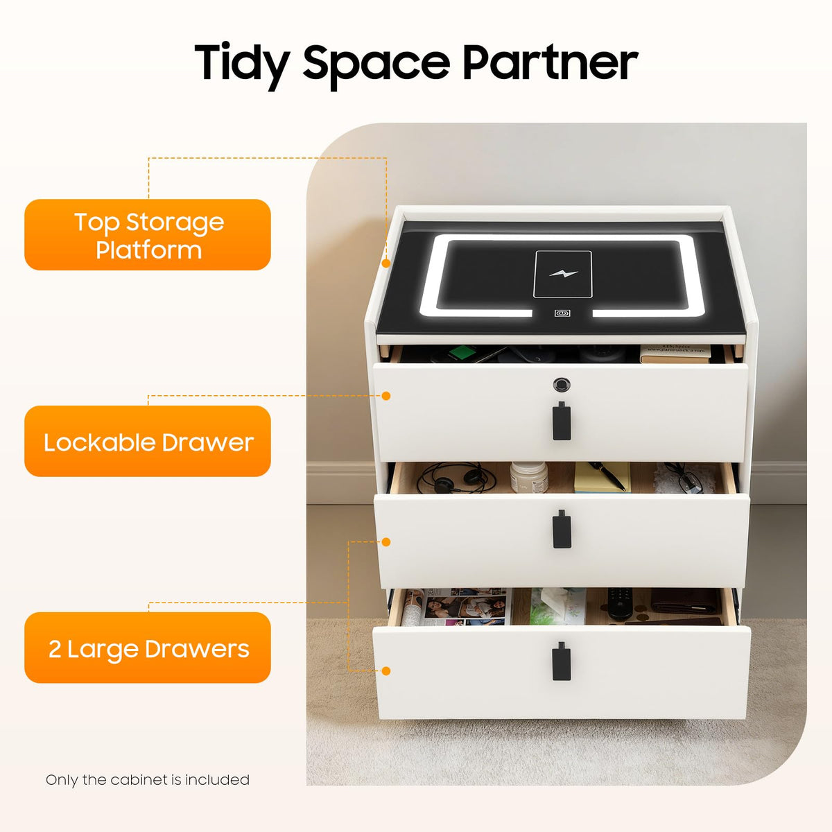 LED Nightstand with Charging Station and Drawers J4790