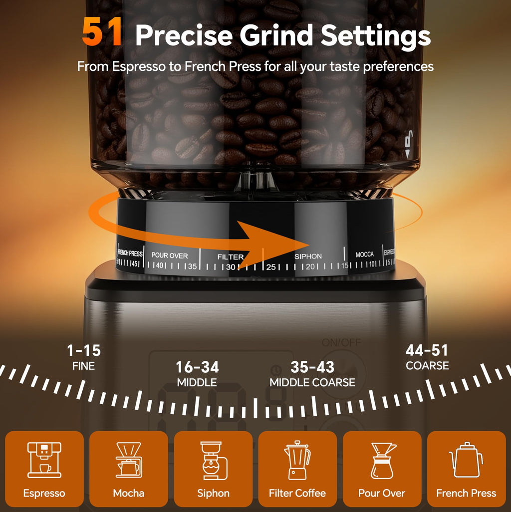 Conical Burr Coffee Grinder, 51 Grind Settings, 1-12 Cups, Stainless Steel W979