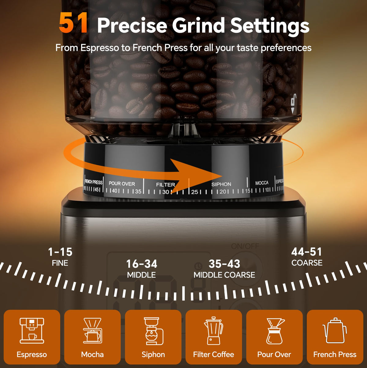Conical Burr Coffee Grinder, 51 Grind Settings, 1-12 Cups, Stainless Steel W979