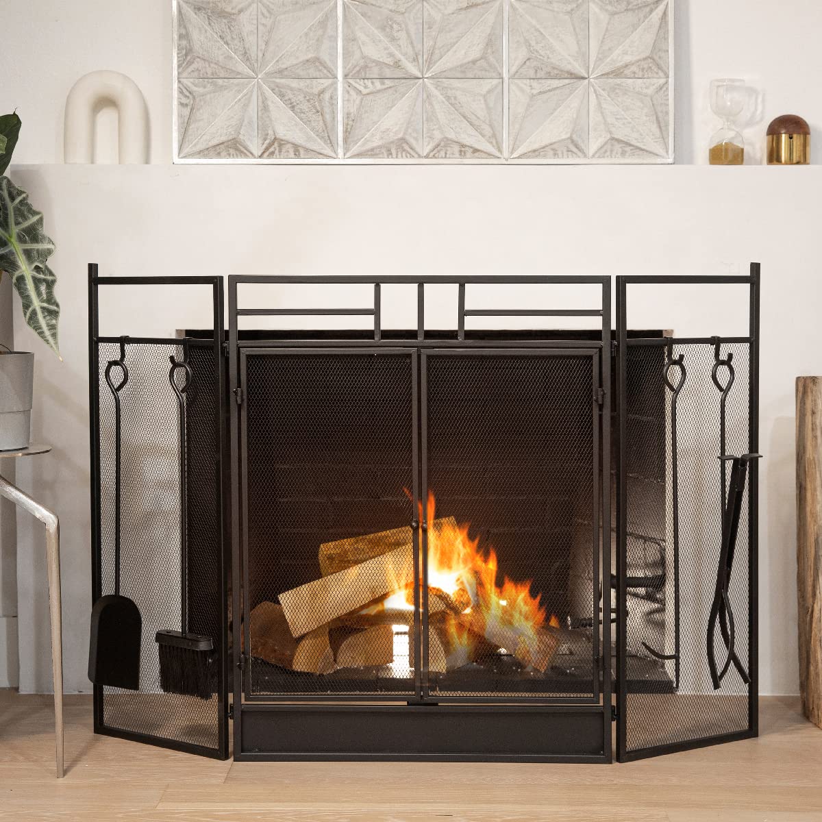 Black 3-Panel Folding Fireplace Screen with Magnetic Doors and 4-Piece Tools Set Z41564