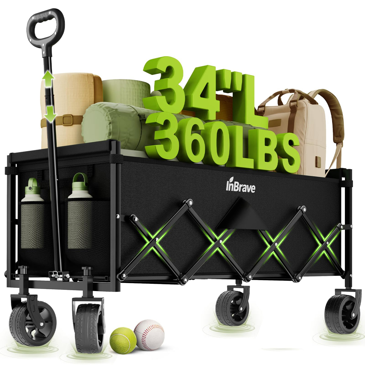 34" Extra Long Collapsible Wagon Cart, 360LBS Capacity, Black R5682