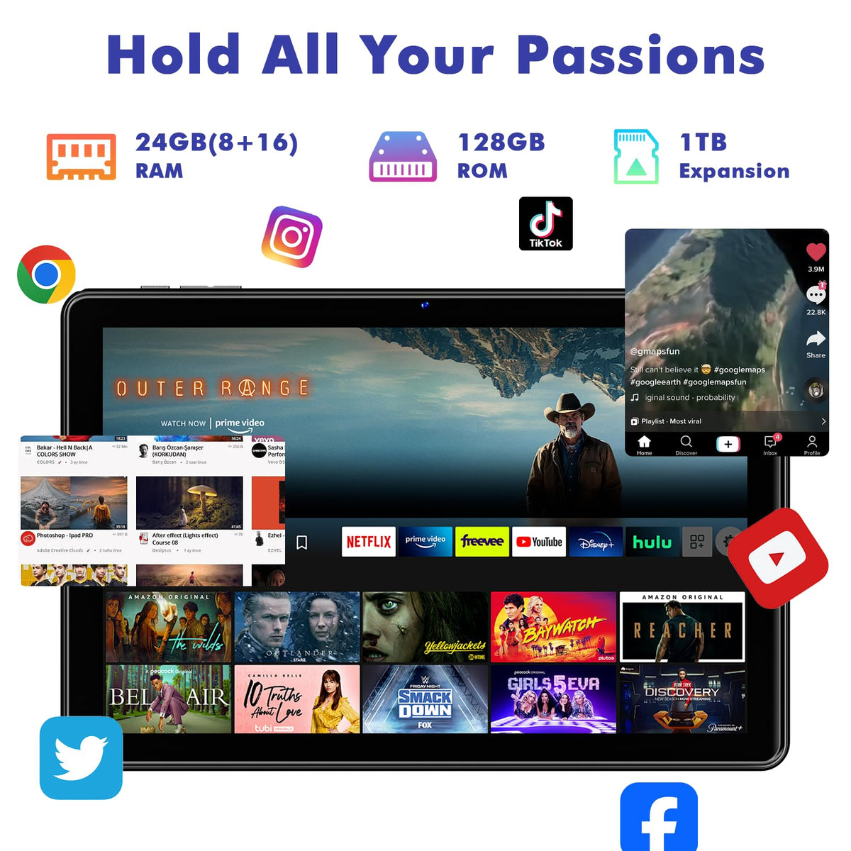 10.1 Inch Android 15 Tablet, 24GB RAM 128GB ROM, 1280 x 800 HD Display, 6000mAh Battery, 5MP+8MP Camera (Black) M914
