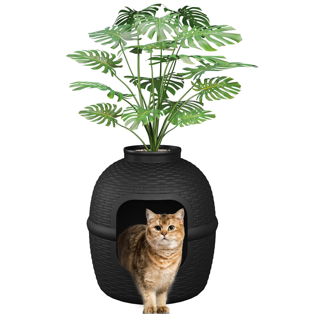 Black Large Cat Litter Box with Faux Plant I56184