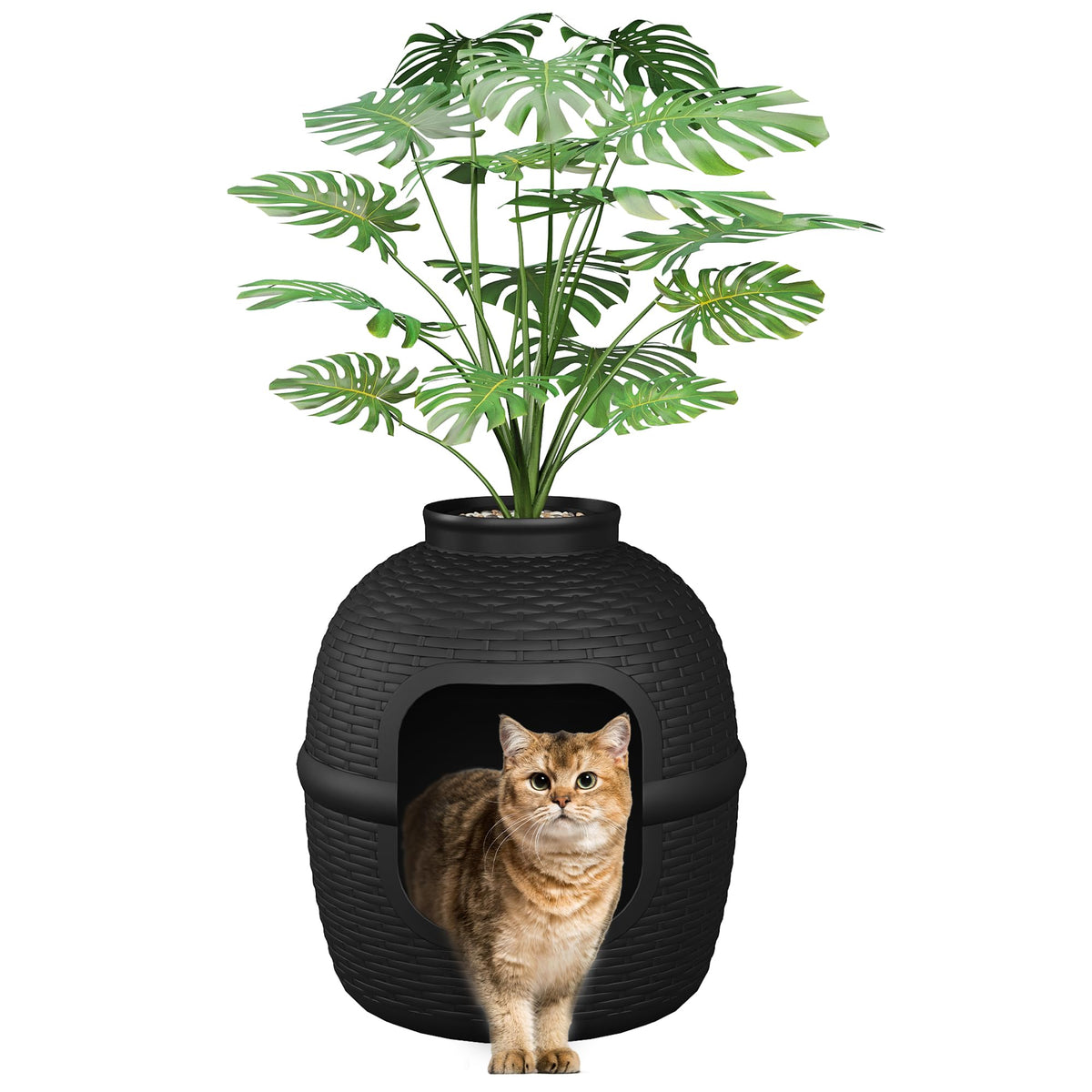 Black Large Cat Litter Box with Faux Plant I56184