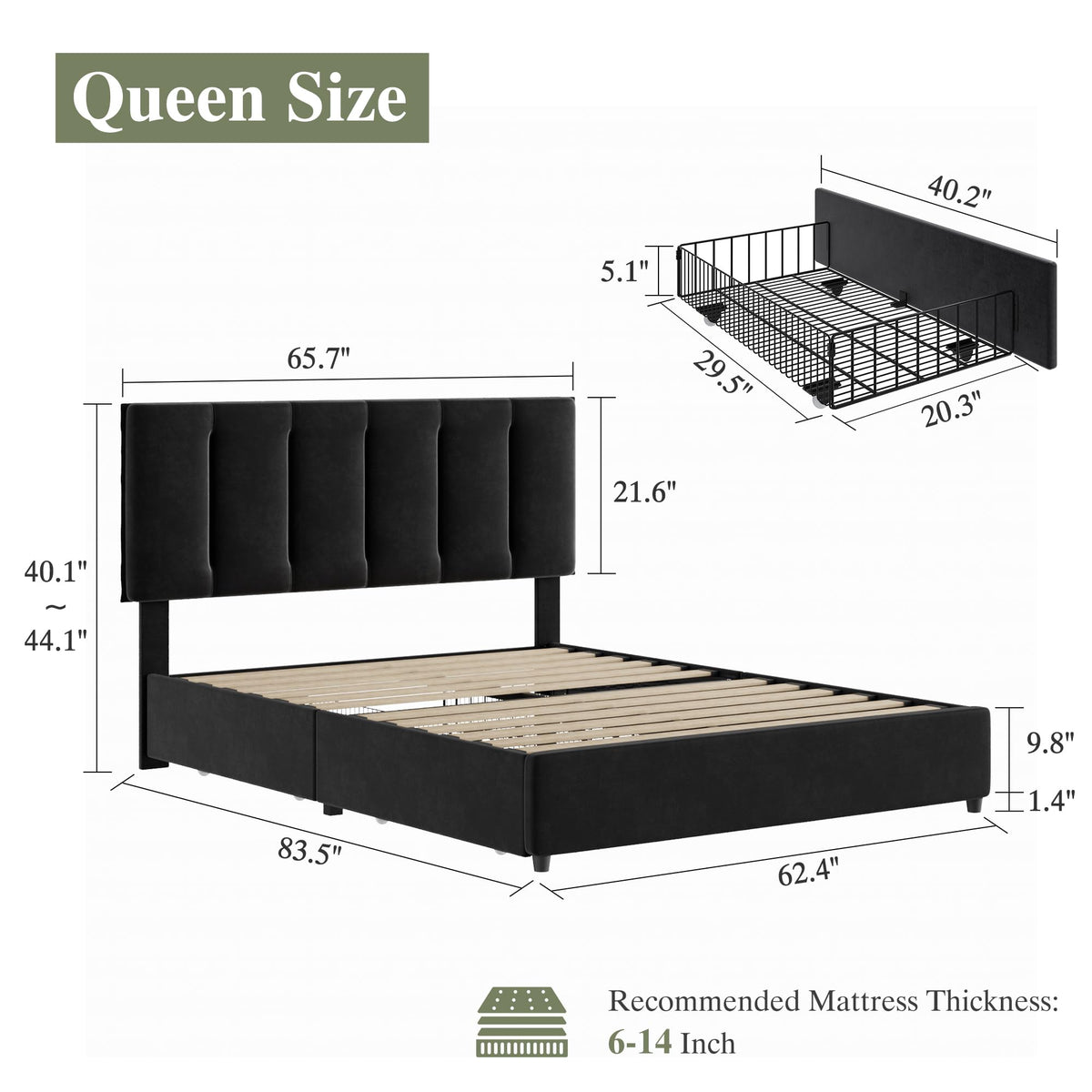 Queen Size Black Bed Frame with 4 Storage Drawers C59734