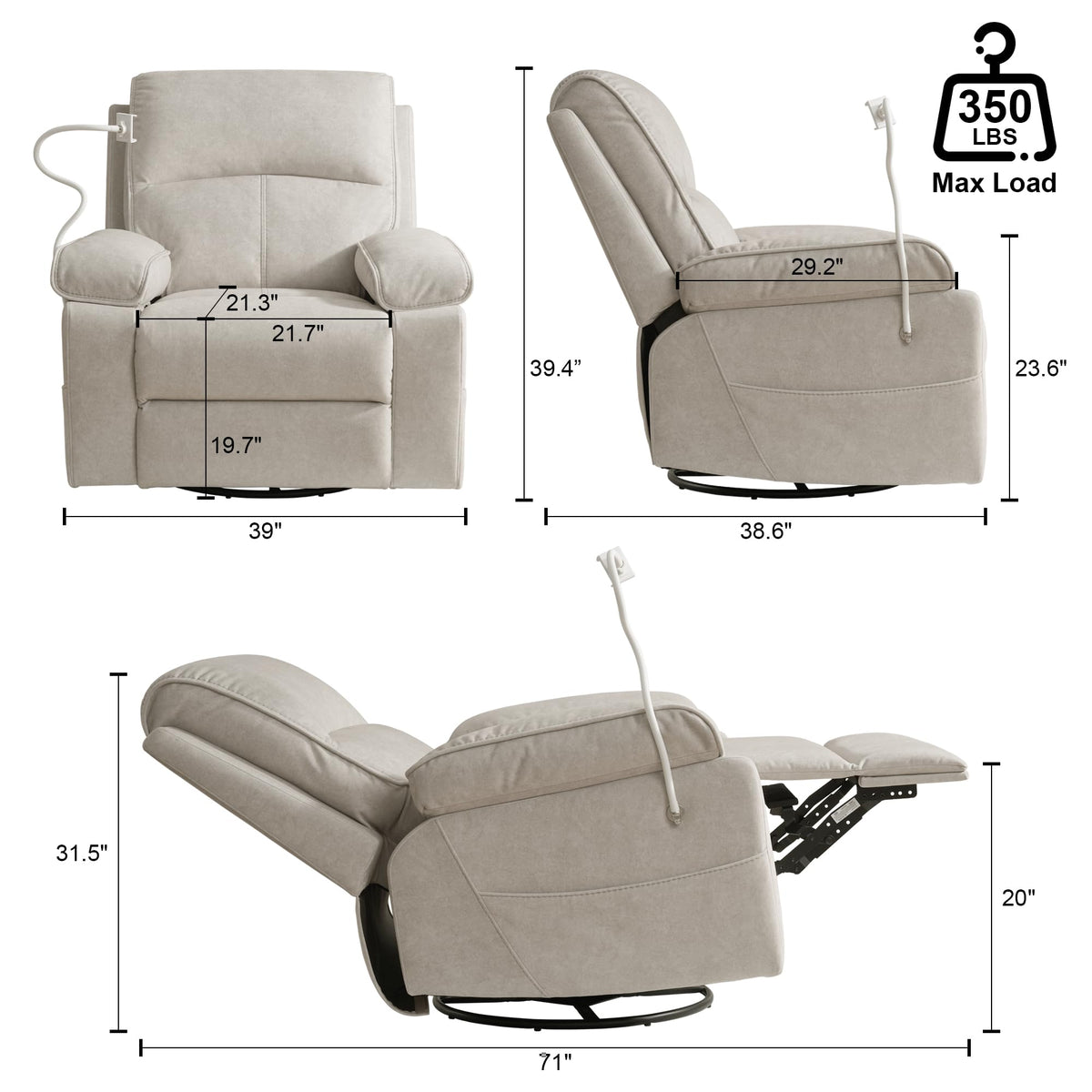 Beige Velvet Swivel Rocker Recliner Chair S429