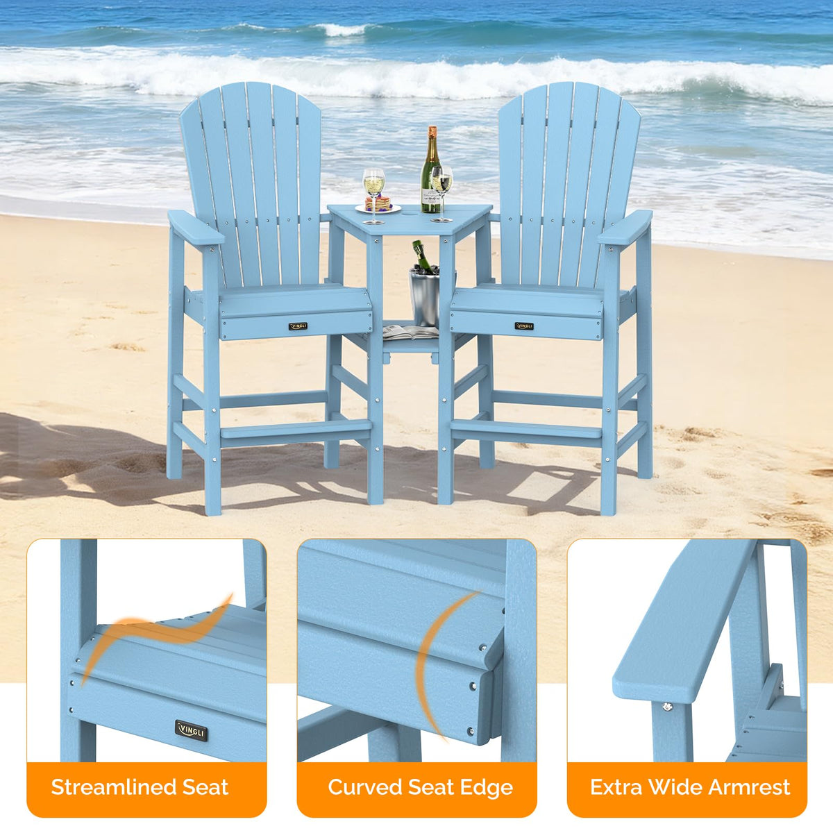 Blue Set of 2 Tall Adirondack Chairs with Dual Trays X899552