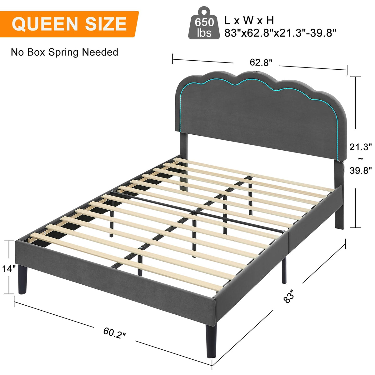 Queen Size Velvet Upholstered Platform Bed Frame with Headboard E9802
