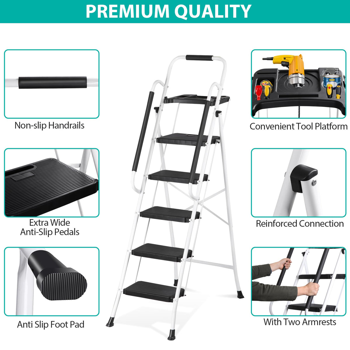 5 Step White Foldable Steel Step Stool with Handrail T636159