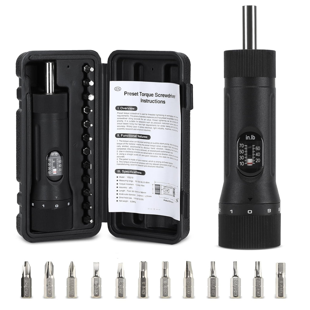 Torque Screwdriver with 12 Pieces Interchangeable Bits 1/4" Drive Black L420
