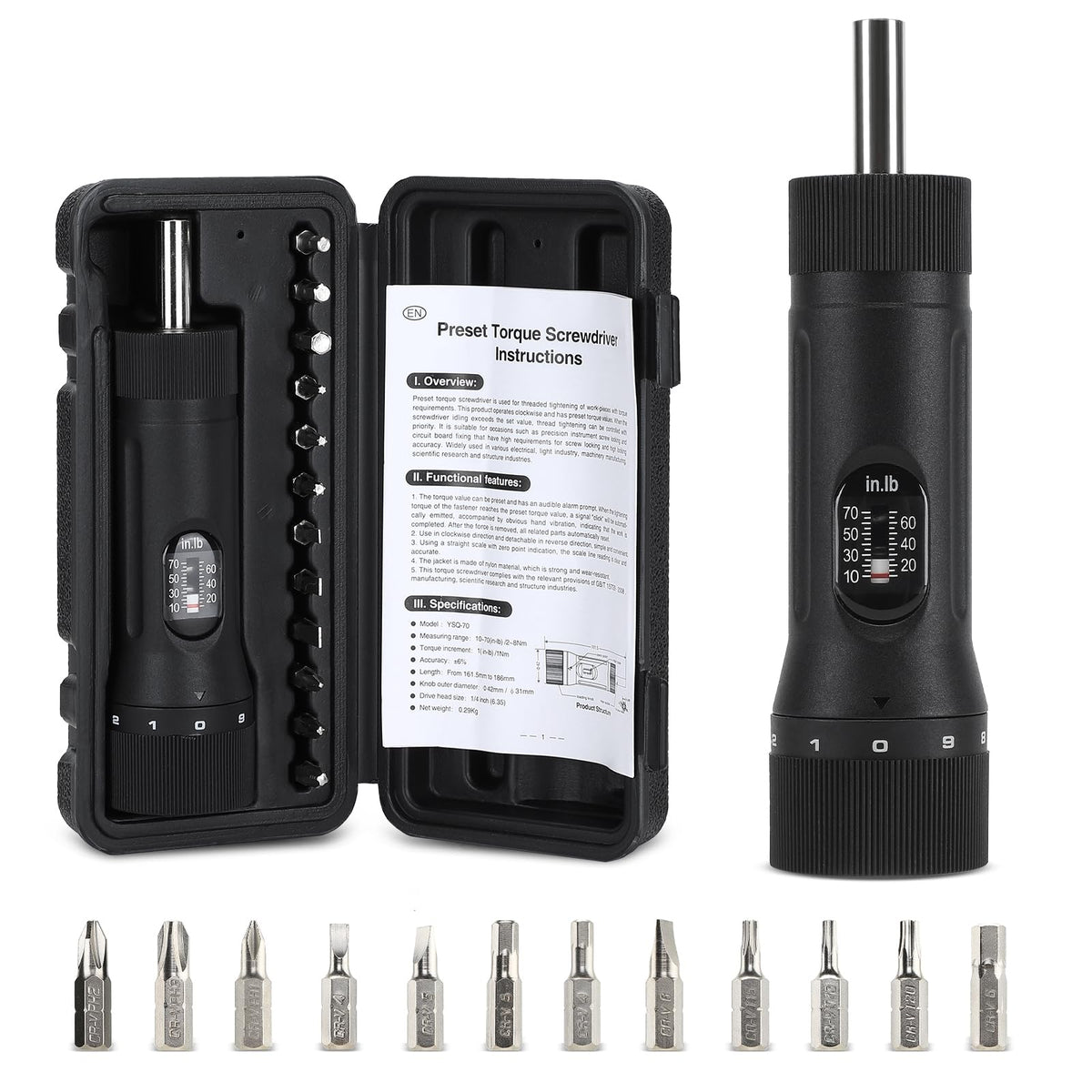 Torque Screwdriver with 12 Pieces Interchangeable Bits 1/4" Drive Black L420