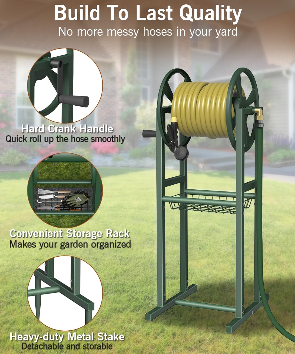 Ground Mount Garden Hose Reel Holds 125 Feet with Storage Rack K106