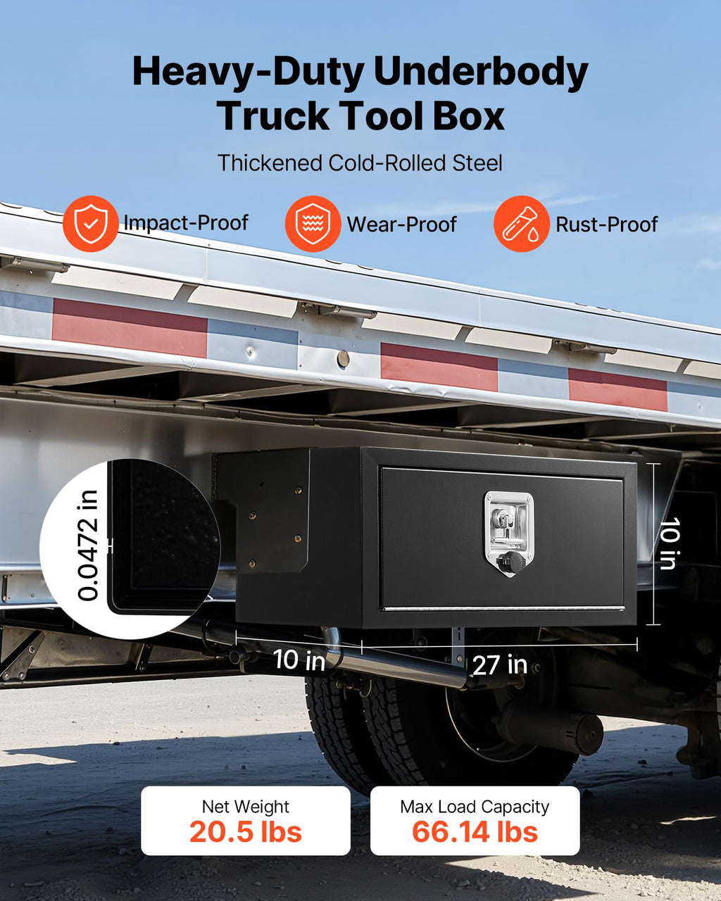 Underbody Truck Tool Box 27 x 10 x 10 Inch Heavy Duty Steel with Lock & Keys Black Y365