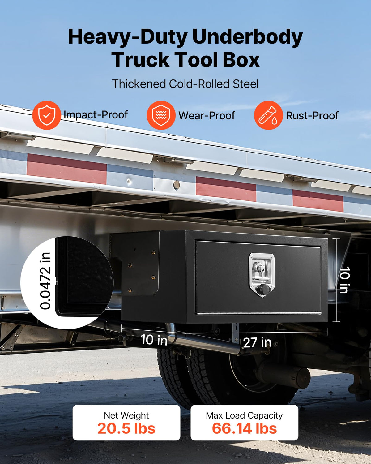 Underbody Truck Tool Box 27 x 10 x 10 Inch Heavy Duty Steel with Lock & Keys Black Y365