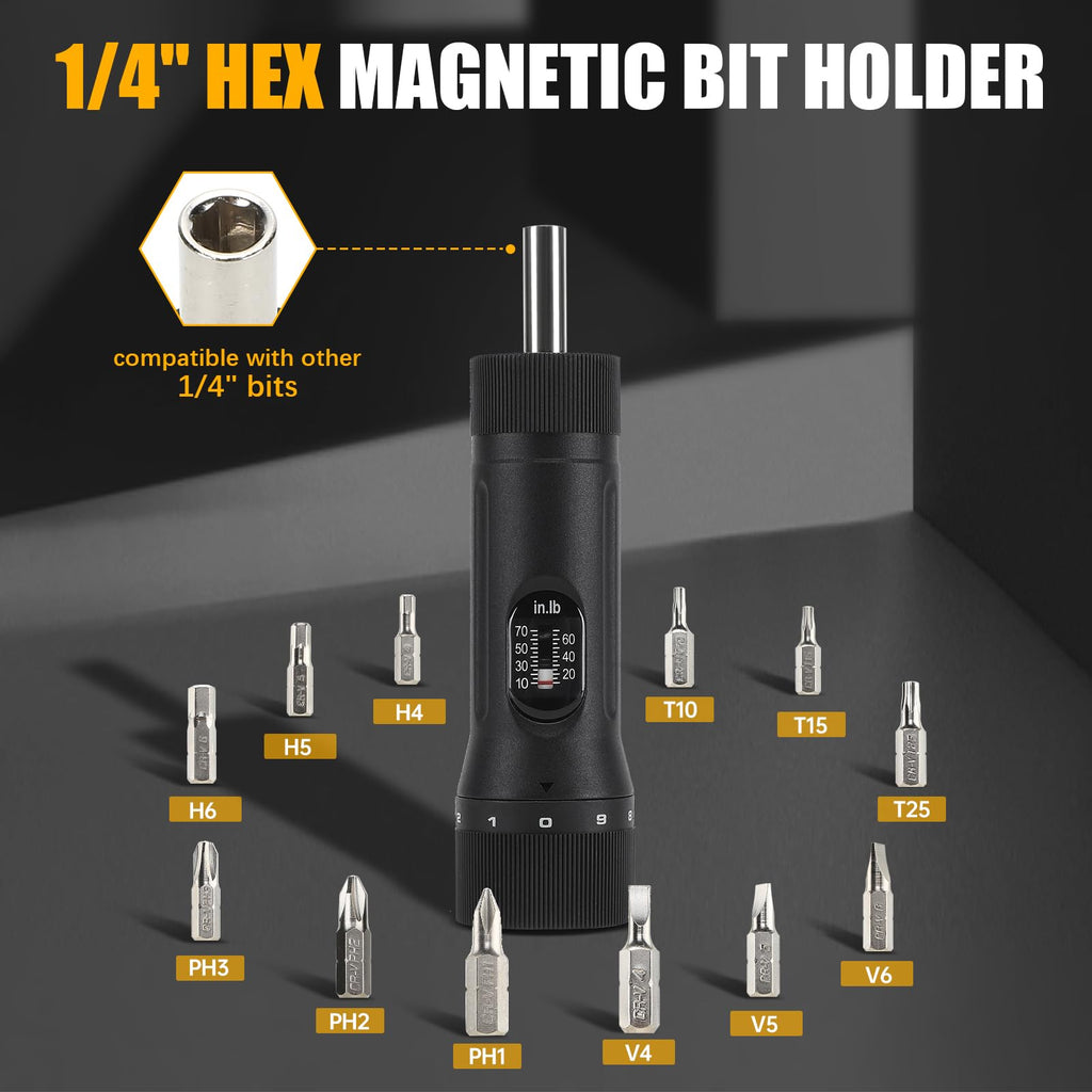 Torque Screwdriver with 12 Pieces Interchangeable Bits 1/4" Drive Black L420