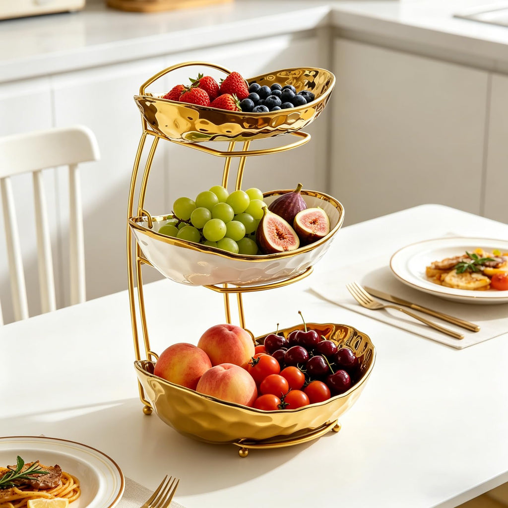 3 Tier Ceramic Fruit Bowl with Metal Stand O481