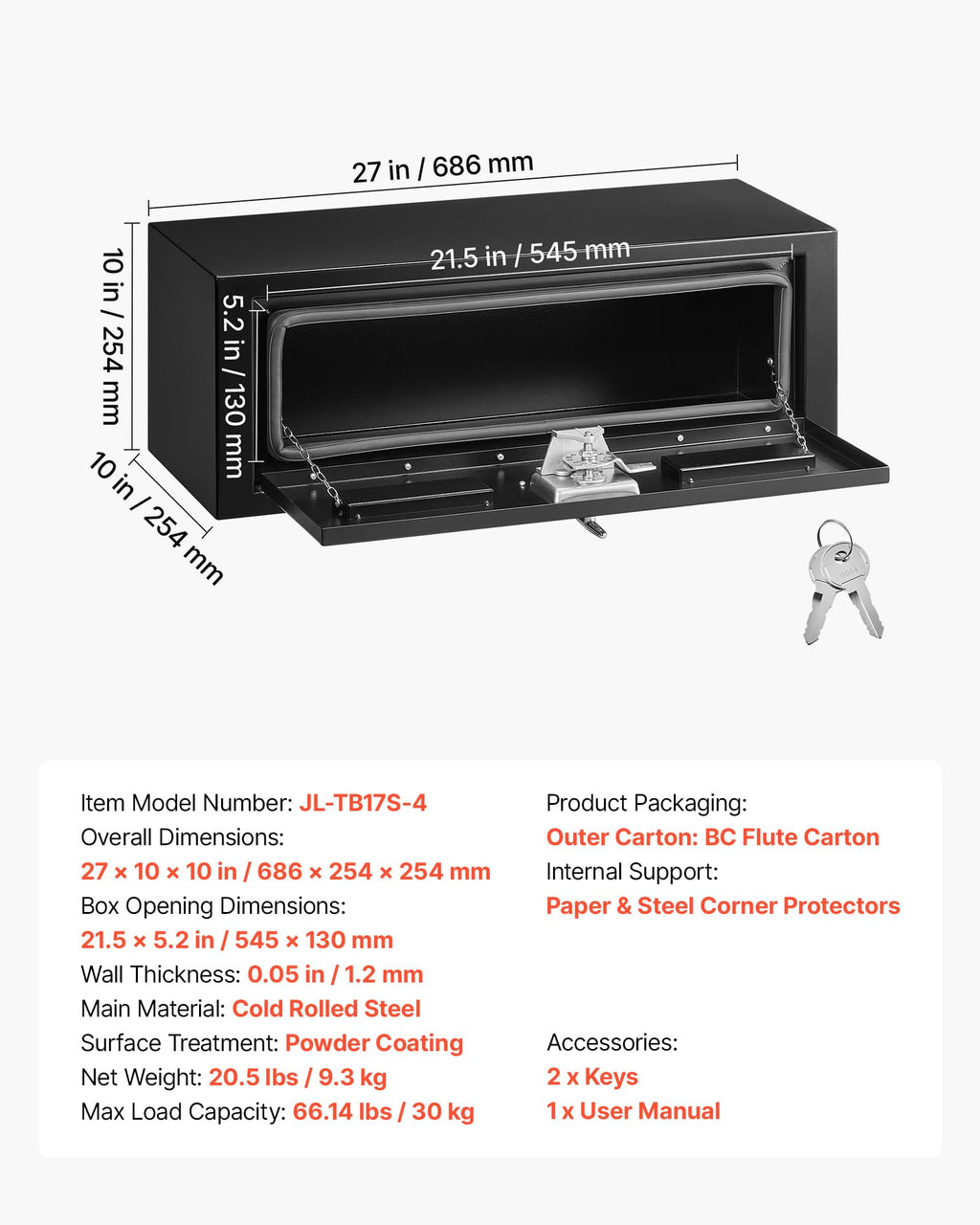 Underbody Truck Tool Box 27 x 10 x 10 Inch Heavy Duty Steel with Lock & Keys Black Y365