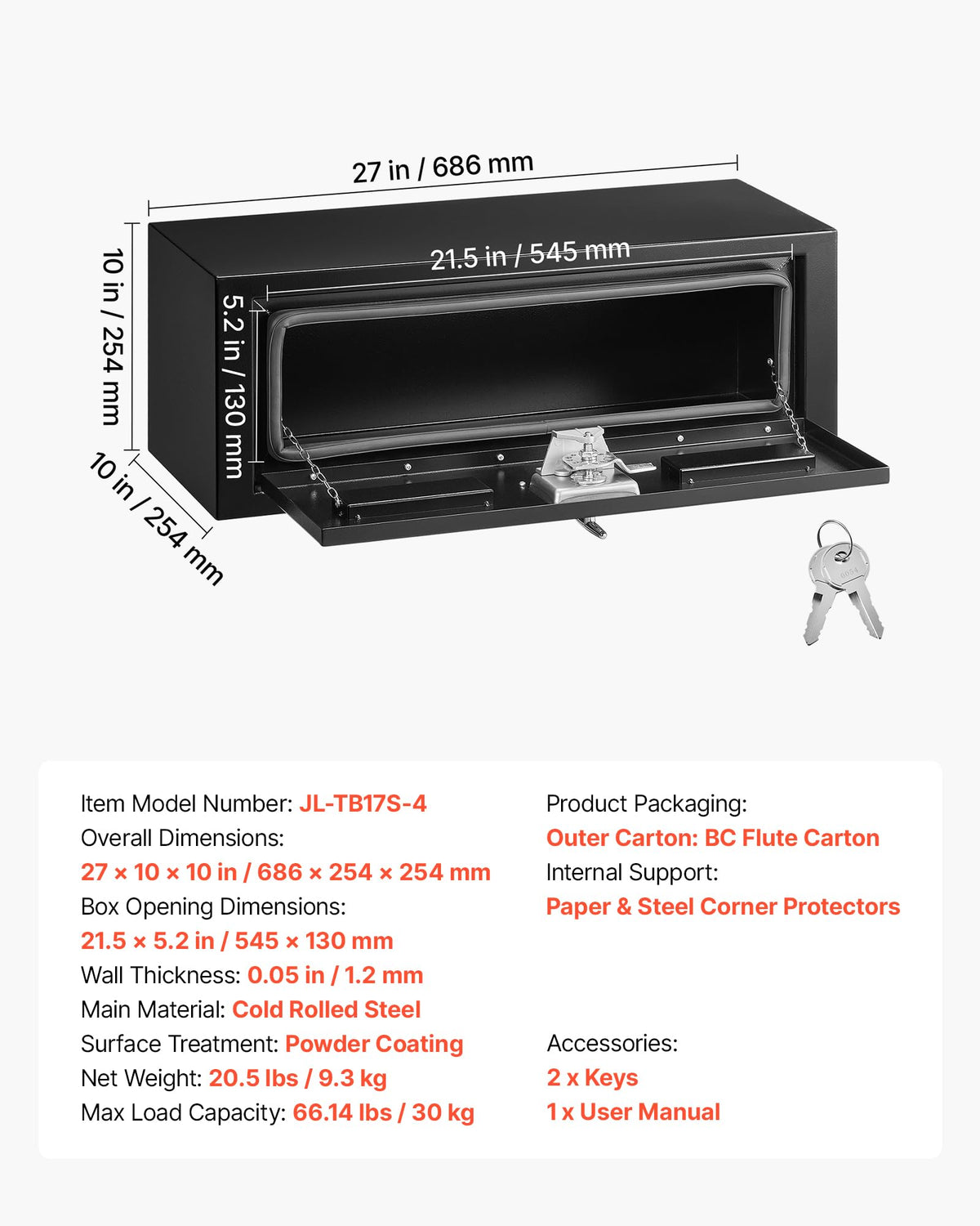 Underbody Truck Tool Box 27 x 10 x 10 Inch Heavy Duty Steel with Lock & Keys Black Y365
