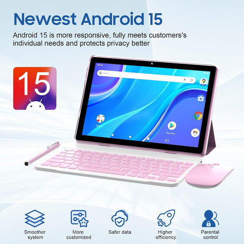 10 inch Android 15 Tablet with Keyboard Case Mouse Stylus Pink D31795