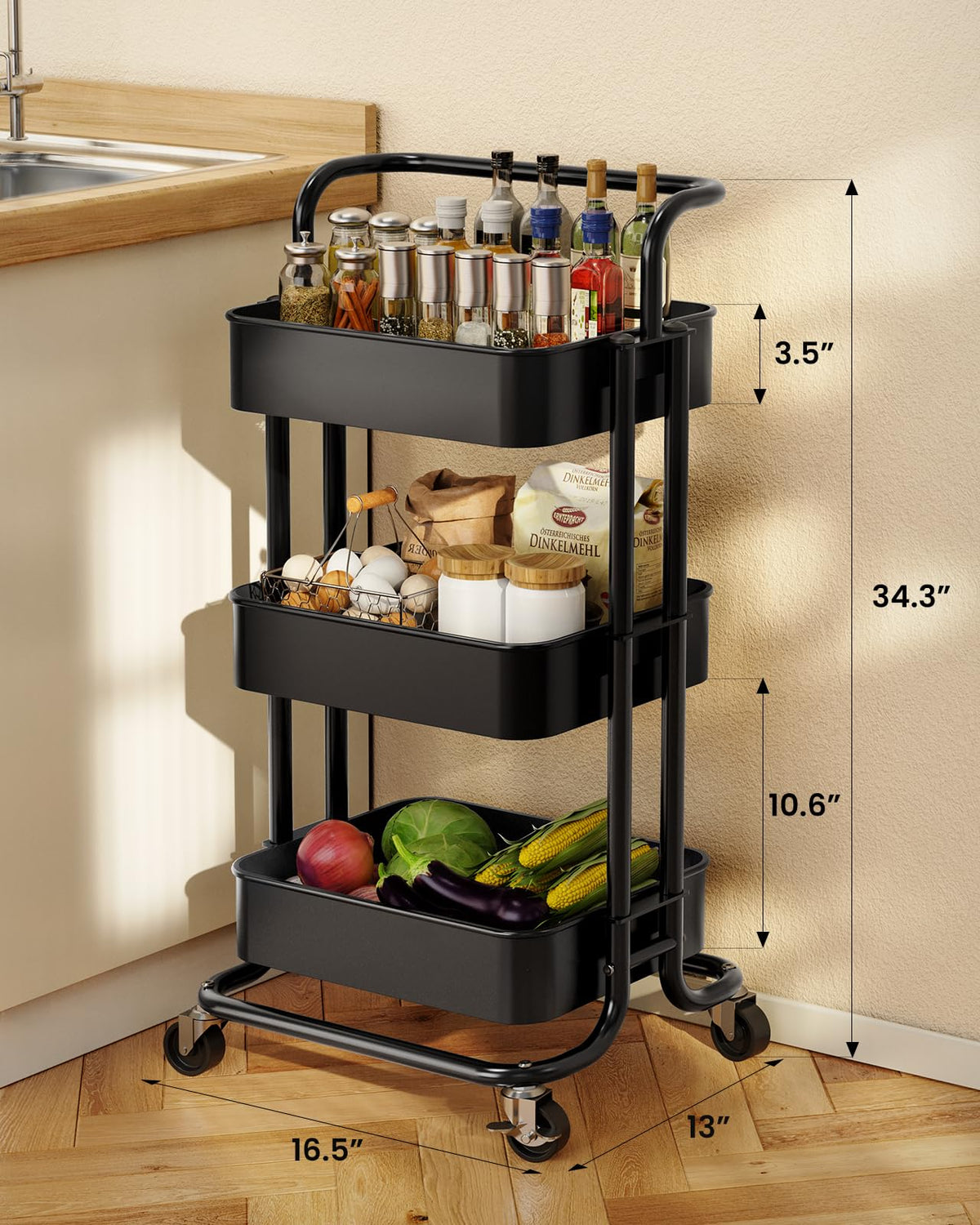 3 Tier Rolling Cart with Handle & 2 Lockable Wheels L776294
