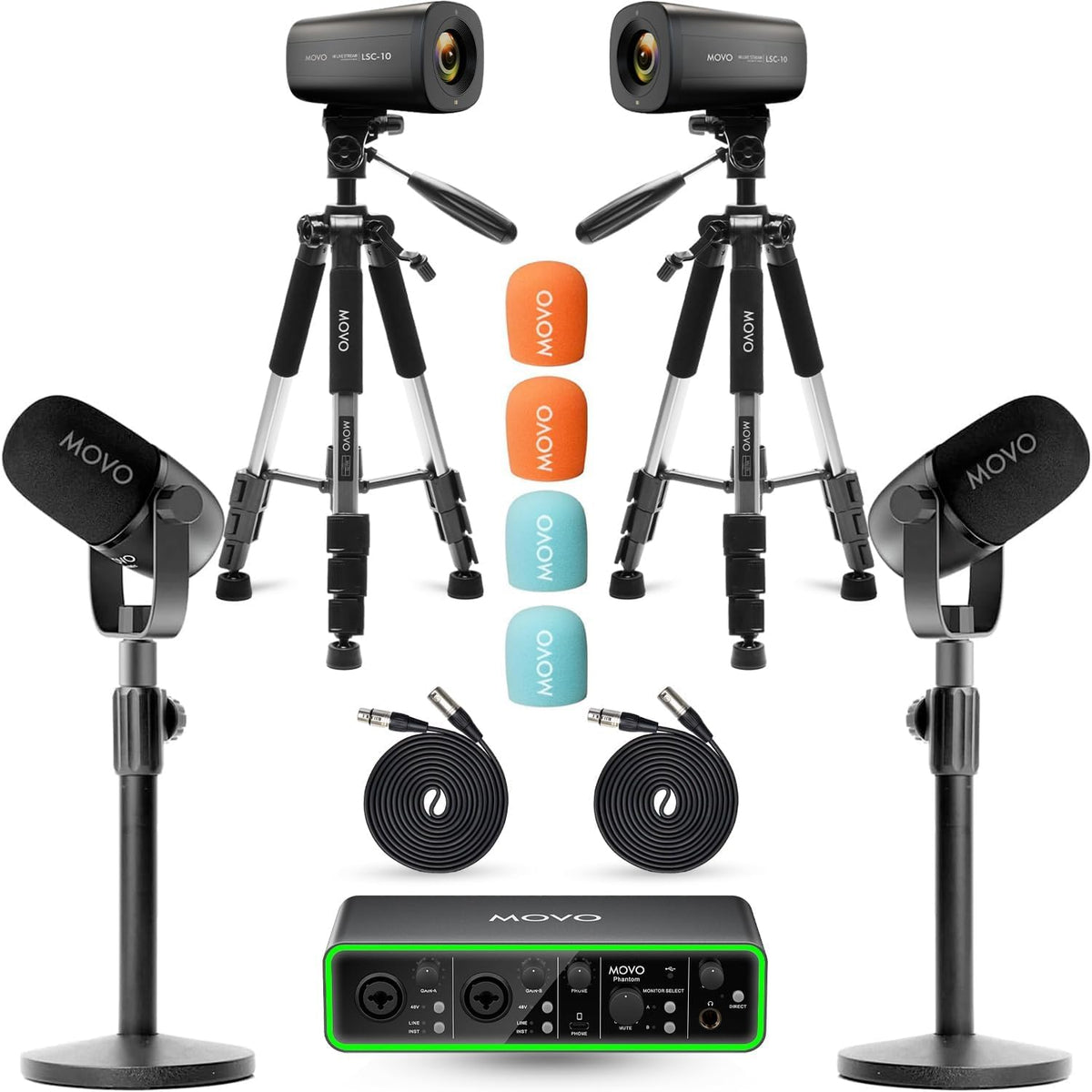 USB Audio Interface 2 XLR Dynamic Microphones 2 4K UHD Cameras Podcast Equipment Bundle Z560503